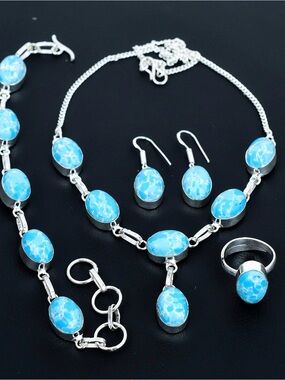 925 Silver Blue Larimar Oval Jewelry Set - Necklace, Bracelet, Earrings, Ring